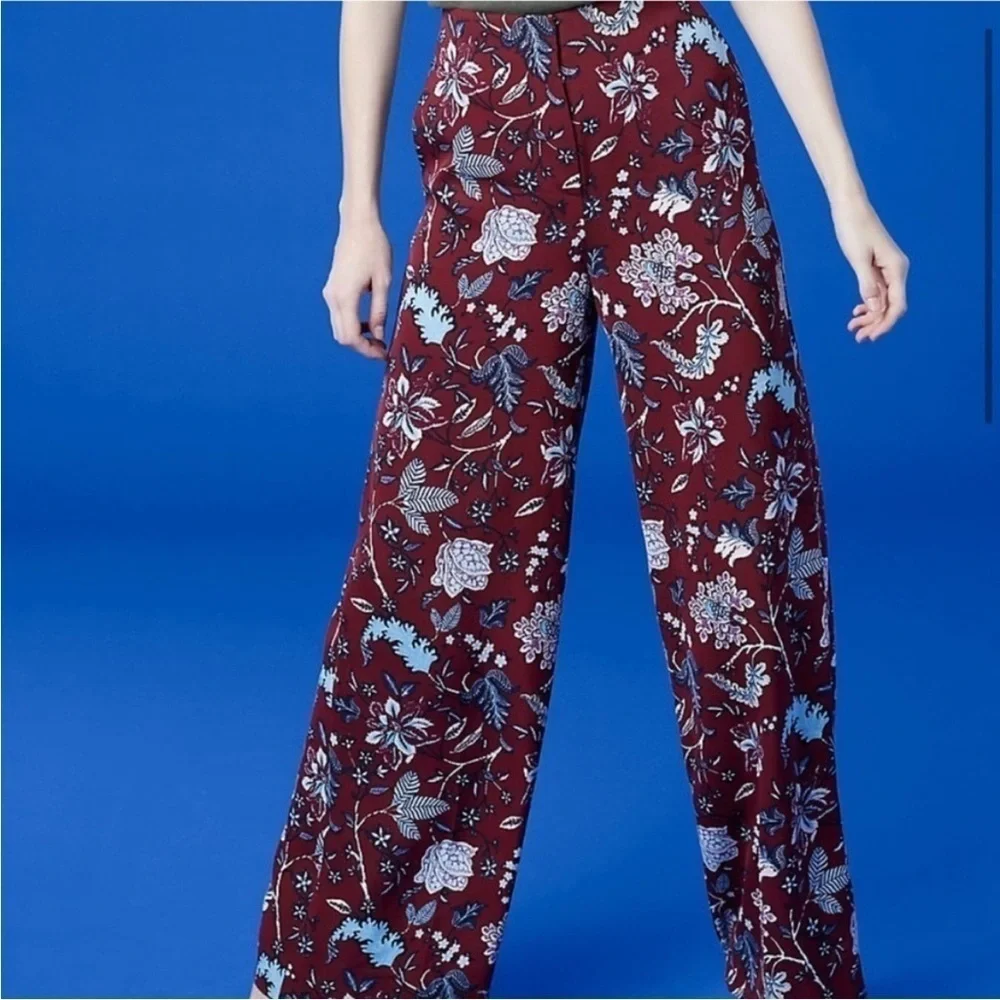 Diane Von Furstenberg Canton Brodeaux Silk Floral Pant Trouser Red Stretch Summe